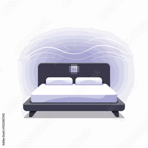 Smart Bed with A I Chip Technology Modern Bedroom Furniture Illustration Featuring a Dark Gray Bed Frame White Mattress and Two Pillows Soft Lavender and White Wave Pattern Background