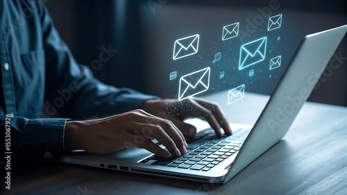 Close up of a person typing on a laptop with glowing digital envelopes and communication icons appearing above the keyboard