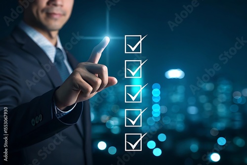 Businessman s finger touching a glowing checkmark on a digital checklist against a blurred city skyline at night