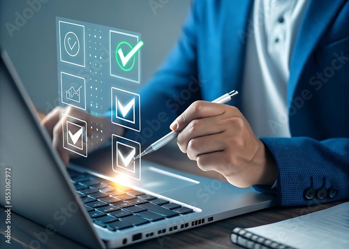 Business professional using a laptop and digital checklist interface with checkmarks and graph icons for task completion and progress tracking