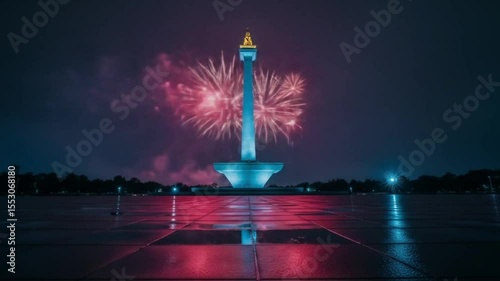 Monas monument illuminated at night with fireworks in the background, reflecting on the wet ground.