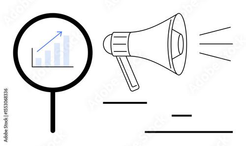 Magnifying glass reveals upward growth chart, paired with a megaphone amplifying communication. Ideal for business growth, marketing strategy, data analysis, promotion, teamwork, leadership, simple