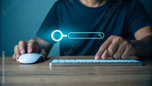 Person using a computer mouse and keyboard to interact with a glowing neon blue search bar interface on a dark background