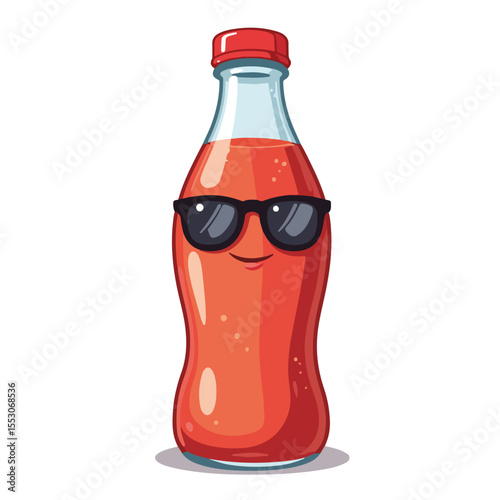 Cartoon soda bottle with sunglasses and smiling face.  This happy beverage bottle is perfect for summer festivals and picnics.