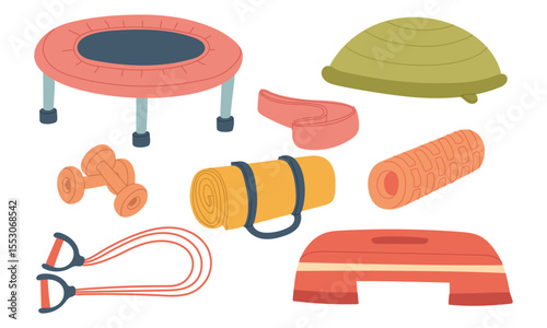 Sports equipment for training. Trampoline, yoga mat, elastic band, hemisphere, stepper, roll, dumbbells, stretching. Flat color illustration. For posters, sport, blogs, fitness and healthy lifestyle