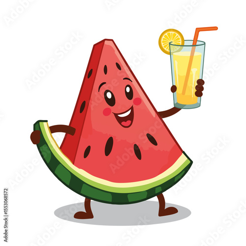 Happy watermelon cartoon character holding lemonade. This cheerful fruit mascot enjoys refreshing summer beverage. Perfect image for summer festivals and picnics.