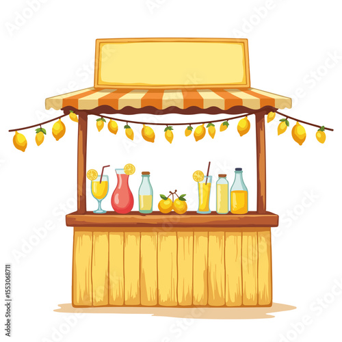 Lemonade stand decorated with bright signs and paper garlands. Summer refreshment stand with lemonade, juice, and fruit. This cheerful lemonade stand is perfect for summer festivals and picnics.