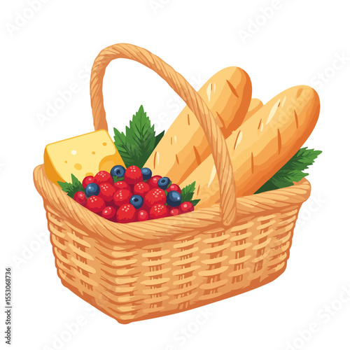 Picnic basket filled with baguettes, cheese, and berries. Rustic picnic basket brimming with delicious French bread, aged cheese, and fresh summer berries.