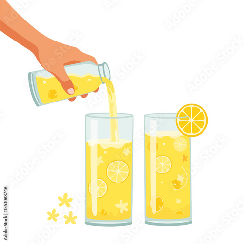 Refreshing iced lemonade poured into tall glasses with lemon slices.  Summer beverage preparation includes citrus fruits and ice cubes in glasses.