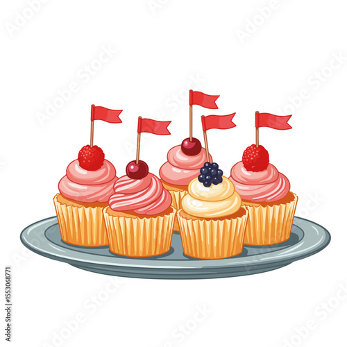 Delicious mini cupcakes with fruit topping and tiny flags on silver tray. Festive mini cupcakes decorated with raspberries, cherries, and blackberries.
