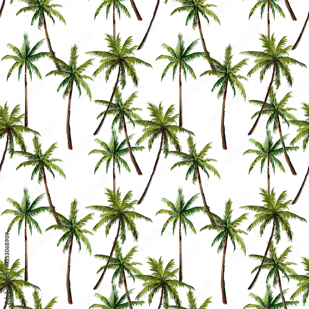 Obraz premium Seamless pattern of coconut trees, summer, tropical, palm trees, hand drawn on transparent background