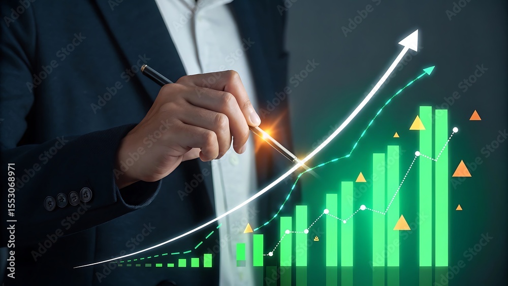 Fototapeta premium Businessman pointing at a glowing green bar chart with an upward trend arrow indicating financial growth and success