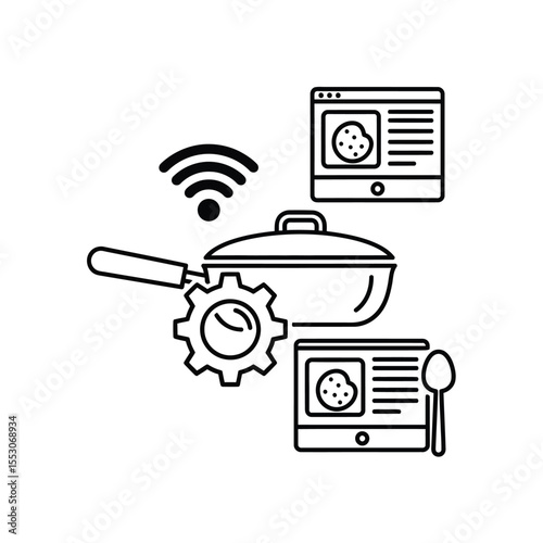 Smart Cooking Pan Connected Devices Wireless Network Recipe Tablet Smartphone Gear Cookie Cooking Technology Kitchenware Illustration
