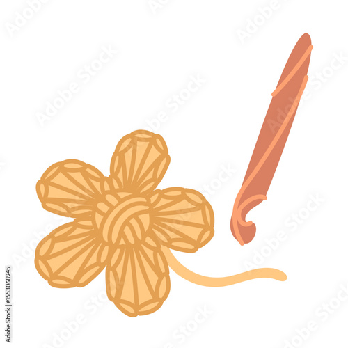 Crochet flower. Soft object and wooden hook. Handmade isolated theme. Cozy atmosphere. Flat color illustration. For websites about knitting, handicrafts, apps, blogs, printed products, or hobby items