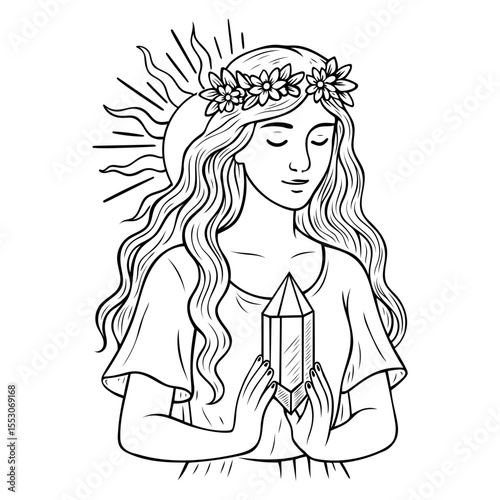 Spirituelle junge Frau mit Kristall in der Hand, umgeben von Sonnenstrahlen und Blumenkranz. Feines, mystisches Schwarzweiß-Design für Meditation, Yoga, spirituelle Kunst und innere Ruhe.