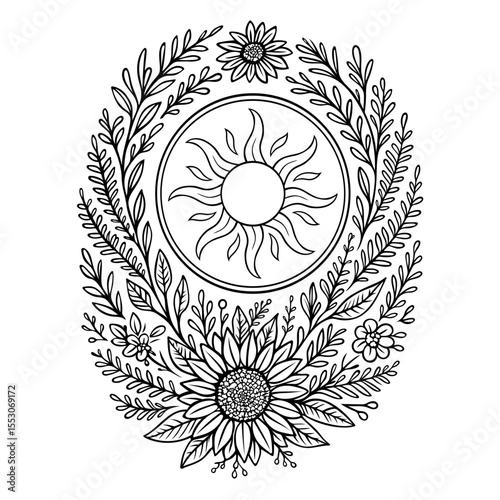 Mystisches Mittsommer-Mandala mit Sonne, filigrane schwarz-weiße Illustration zur Sonnenwende. Symbolisiert Licht, Energie und Naturkraft - ideal für Meditation, Yoga, spirituelle Dekoration.