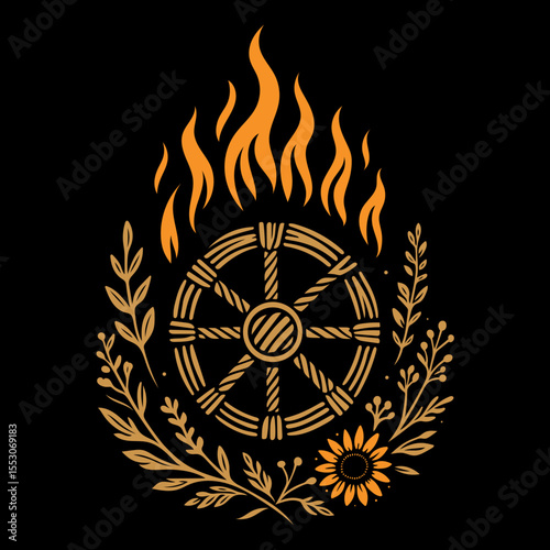 Mystisches Mittsommer-Feuer mit Sonnenrad - kraftvolles, spirituelles Sommerdesign zur Sonnenwende, Symbol für Energie, Transformation und Naturkraft. Ideal für Meditation, Rituale und Dekoration.