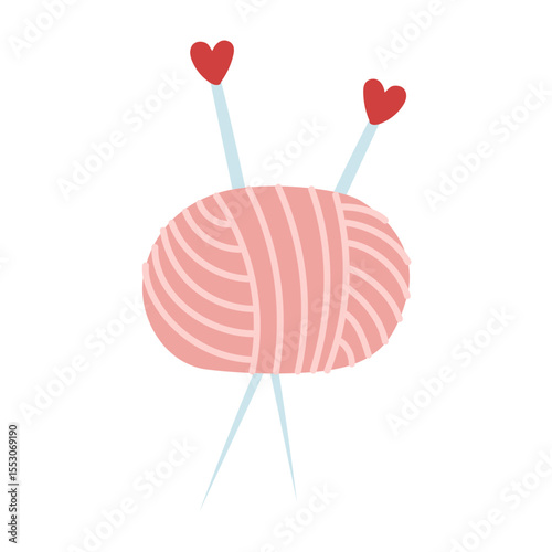 Soft oval yarn with hearts inside. An isolated item handwork. cozy atmosphere. flat color illustration. For designing websites about knitting, handicrafts, apps, blogs, printed products, hobby items