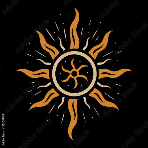 Sonne in kräftigem Orange und Schwarz, stilisiertes Mandala als kraftvolles Symbol für Energie, Wärme und Licht. Perfekt für Mittsommer, Sonnensymbolik, spirituelle und dekorative Anwendungen.