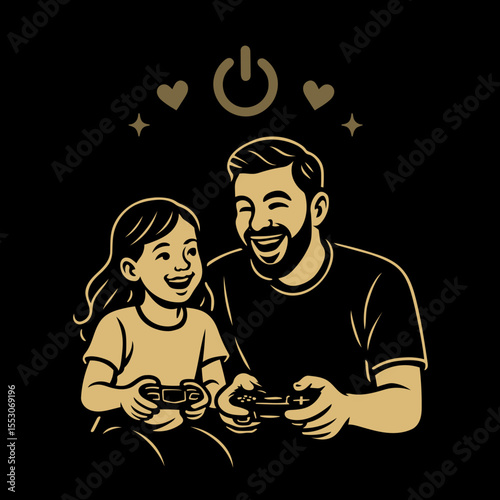 Glückliches Vater-Tochter-Gaming-Motiv mit lachendem Vater und Tochter beim Videospiel. Perfekt für Vatertag, Familie, Gaming-Fans und Geschenkideen. Emotionale Illustration.
