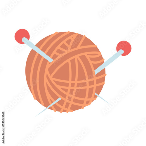 round ball of yarn with knitting needles inside. An isolated object for handicrafts. cozy atmosphere. flat color illustration. For designing websites about knitting, handicrafts, blogs, hobby items