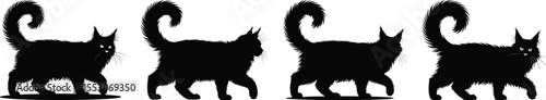 Long hair cat silhouette vector set, collection of fluffy cat walking pose icon in black isolated style for design