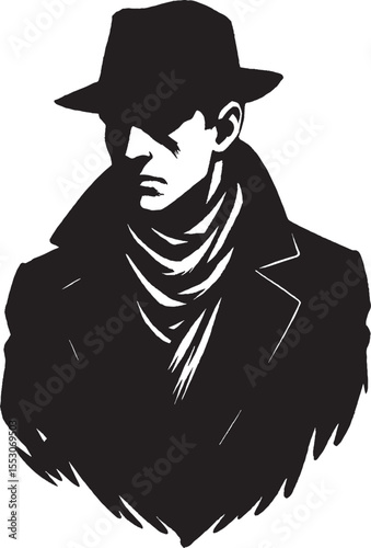 Stylish silhouetted illustration of a man in a fedora and overcoat a classic noir inspired image ideal for design projects.