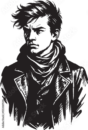 Vector illustration of a stylish man in a coat depicting a moody expression with dynamic brushstrokes on a white background