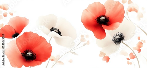 Watercolor poppy flowers on white background