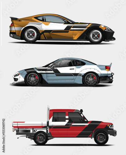 Three stylized vehicles showcasing unique geometric paint schemes and sporty modifications on a light background
