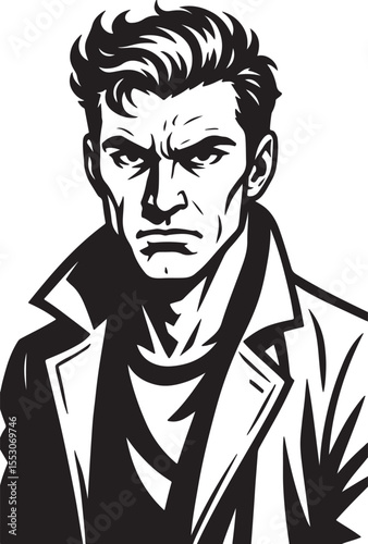  A bold black and white illustration of a stern looking man with an intense expression and stylish hair posing confidently