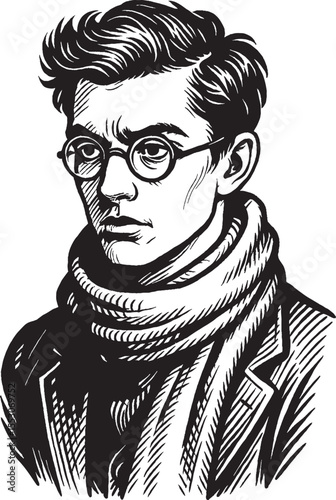Vector illustration of a young man with round glasses a scarf and coat in a classic black and white engraving style