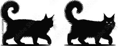 Long hair cat silhouette vector set, collection of fluffy cat side view icon in black isolated style for design
