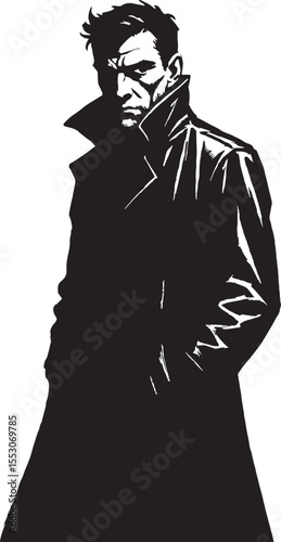 A stylized monochrome illustration of a man in a trench coat with a stern expression and artistic linework on a white background