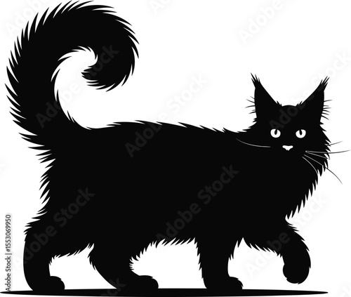 Long hair cat silhouette vector, fluffy cat walking icon in black isolated style for design and decoration