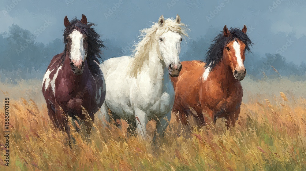 Obraz premium Horses grazing in golden fields under a cloudy sky during the early morning hours