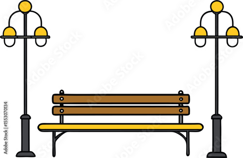 Serene Park Bench Scene Tranquil Illustration of a Wooden Bench with Elegant Streetlights