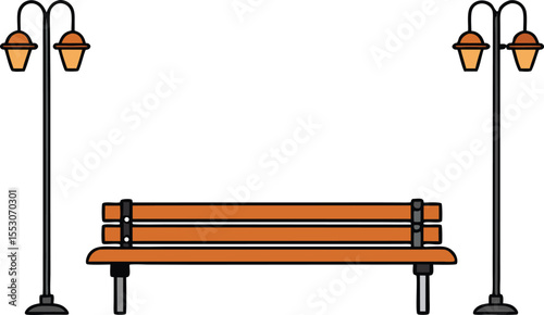 Serene Park Bench with Elegant Lampposts A Peaceful Urban Scene