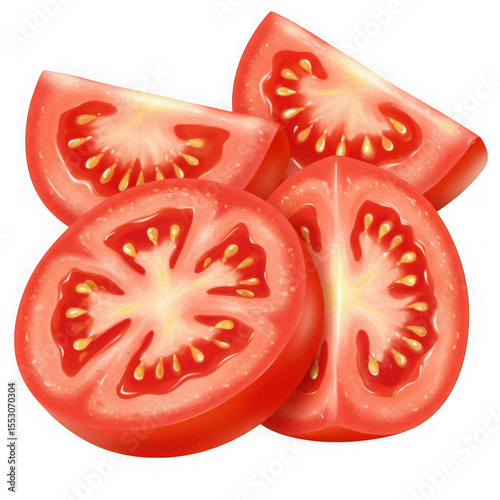 Freshly sliced ripe red tomatoes with visible seeds and pulp isolated on transparent background