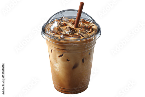 Refreshing iced coffee with milk and ice in a clear plastic cup with a straw photo