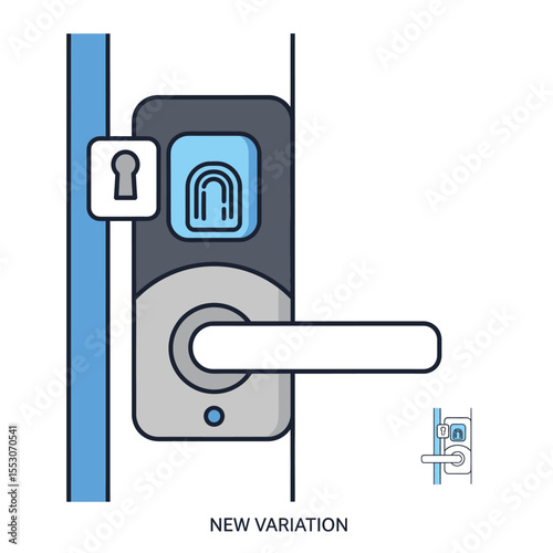 Smart Door Lock Illustration Featuring Fingerprint Scanner Light Gray Door Handle Blue Accent Keyhole Icon Modern Home Security Technology Graphic Design