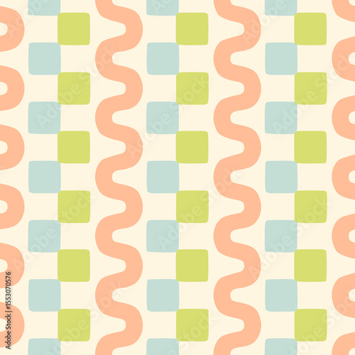 Hand drawn abstract geometric stripe seamless pattern. Check squares and wavy lines background. Pastel geo border print.
