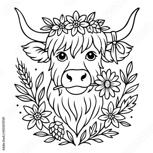 Highland Cow. Highland-Kuh mit Blumen. Schwarzweiß-Illustration eines Rindes mit Blumenschmuck, Getreideähren und Hopfen - im botanischen Stil für Volksfeste und Feste im Oktober.