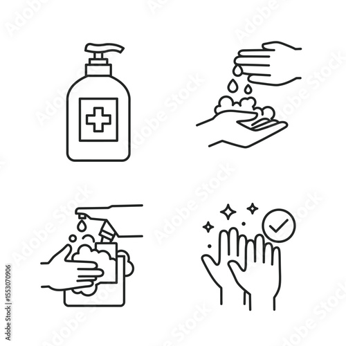 Washing hand vector with sanitizer liquid soap illustration line icon set
