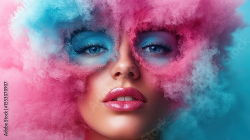 A striking and creative portrait featuring vibrant pink and blue smoke, symbolizing artistic expression and individuality while invoking deep emotions through color and form.