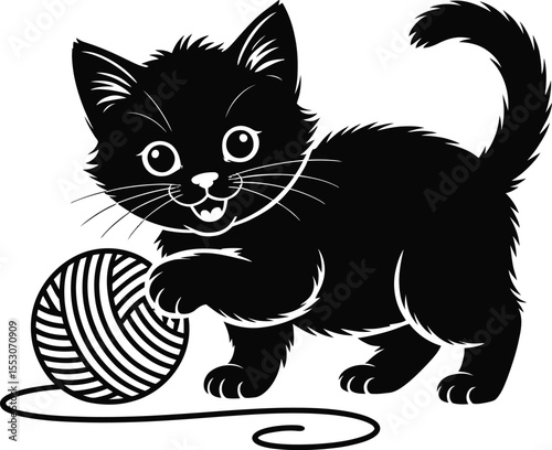 Kitten silhouette vector set, collection of playful kitten with yarn ball icon in black isolated style for design