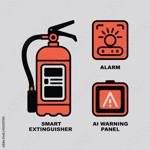 Smart Extinguisher System Illustration Featuring Orange Fire Extinguisher A I Warning Panel and Alarm System Icon Set Against Light Gray Background