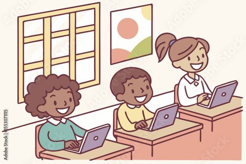 Smiling schoolchildren using digital tablets in classroom