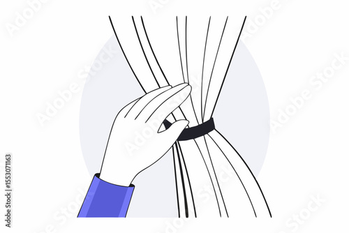 Close-up of hand in a white glove pulling curtain away
