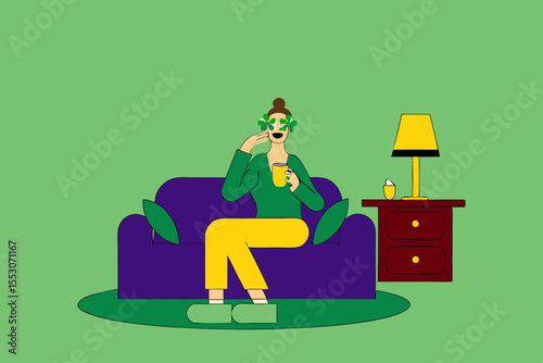 Caucasian woman dressed in green with shamrock glasses for st patrick's day laughing. Staying at home in self isolation during quarantine lockdown.